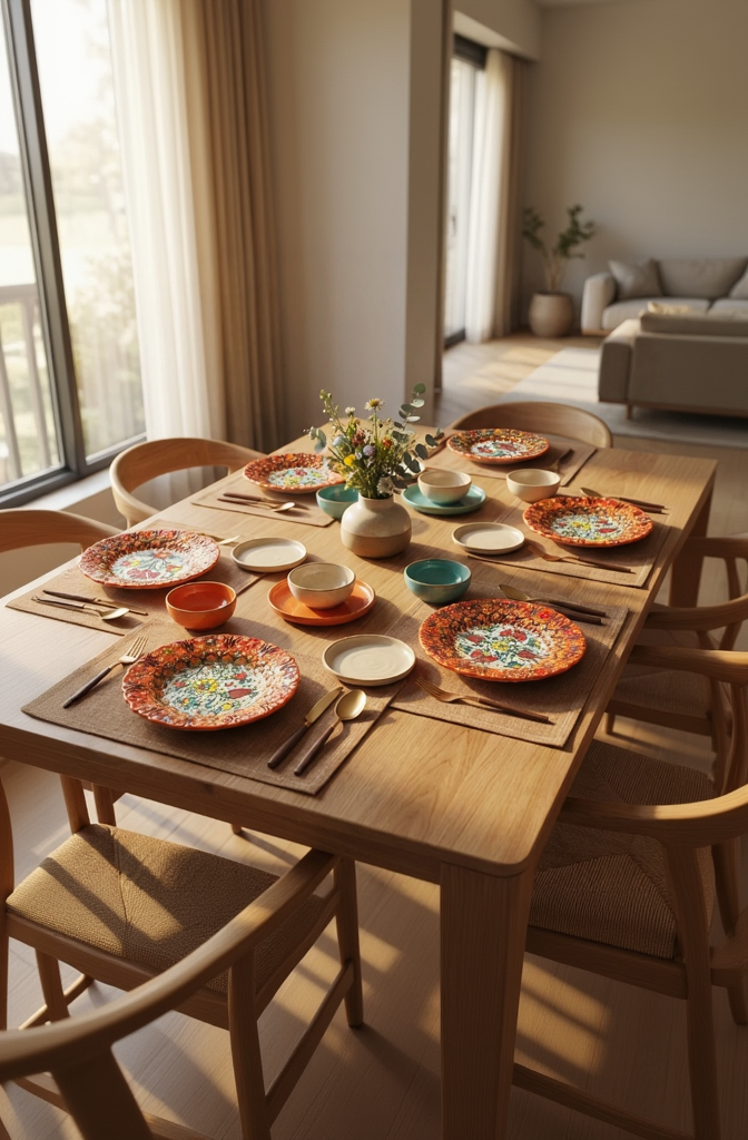 Dining table set with colorful plates, bowls, and cutlery in a bright room.