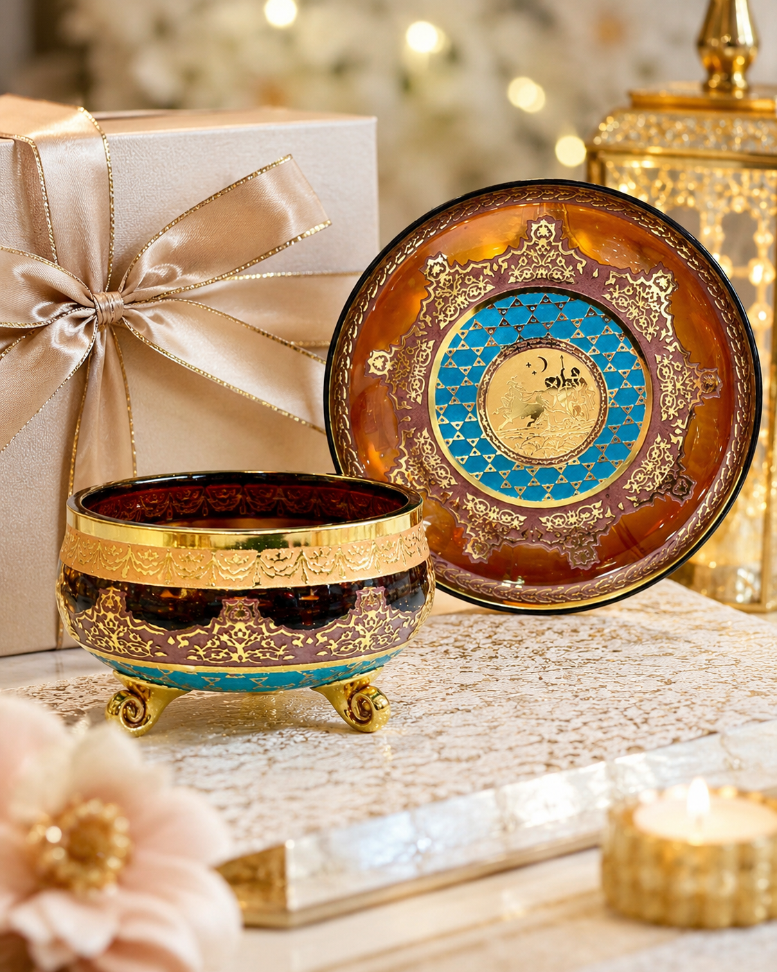 Amber Crystal-Style Bowl & Dessert Plate Set with Gold-Tone Jupiter Pattern