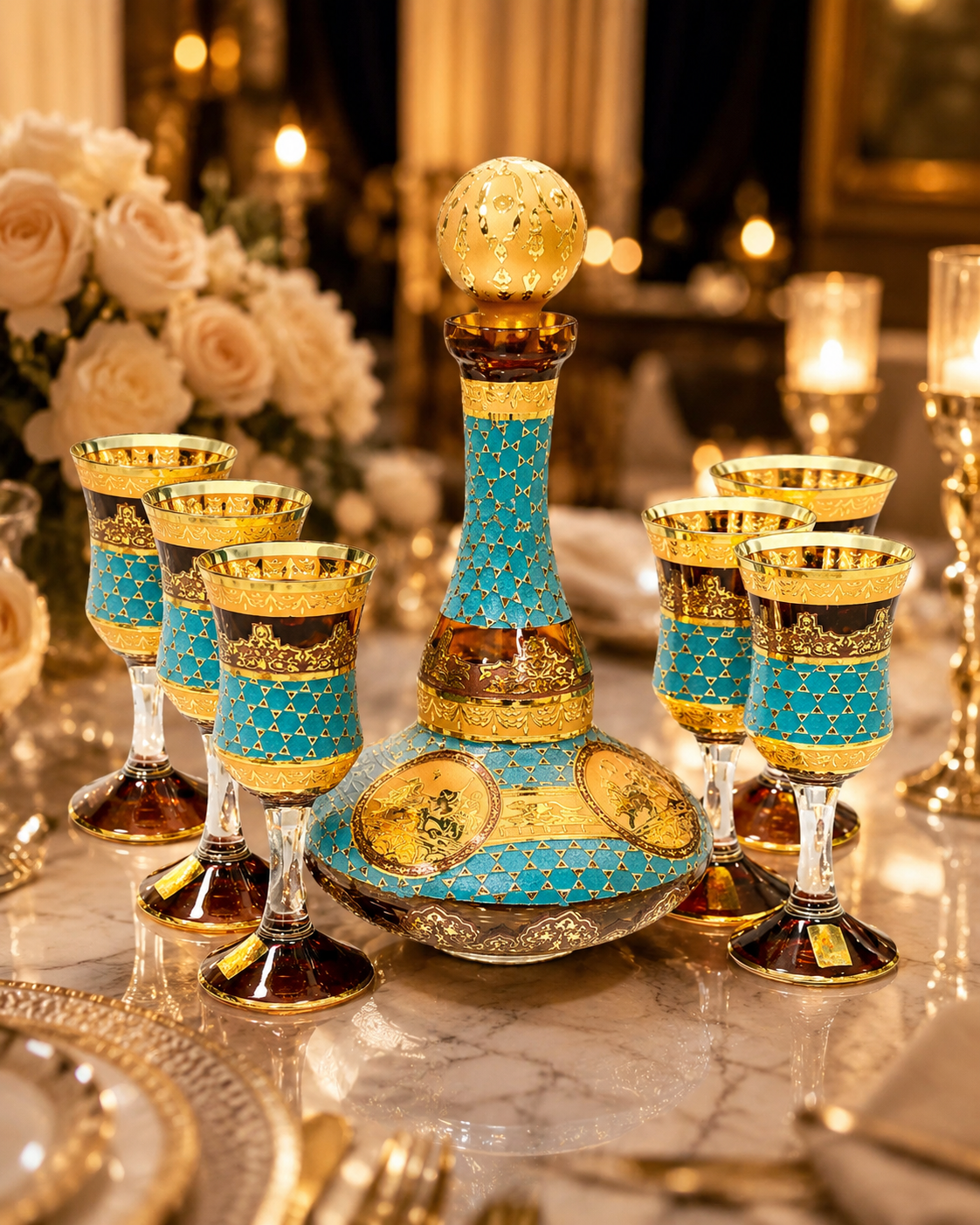 Amber Crystal Decanter & 6 Goblet Set with Gold-Tone Design