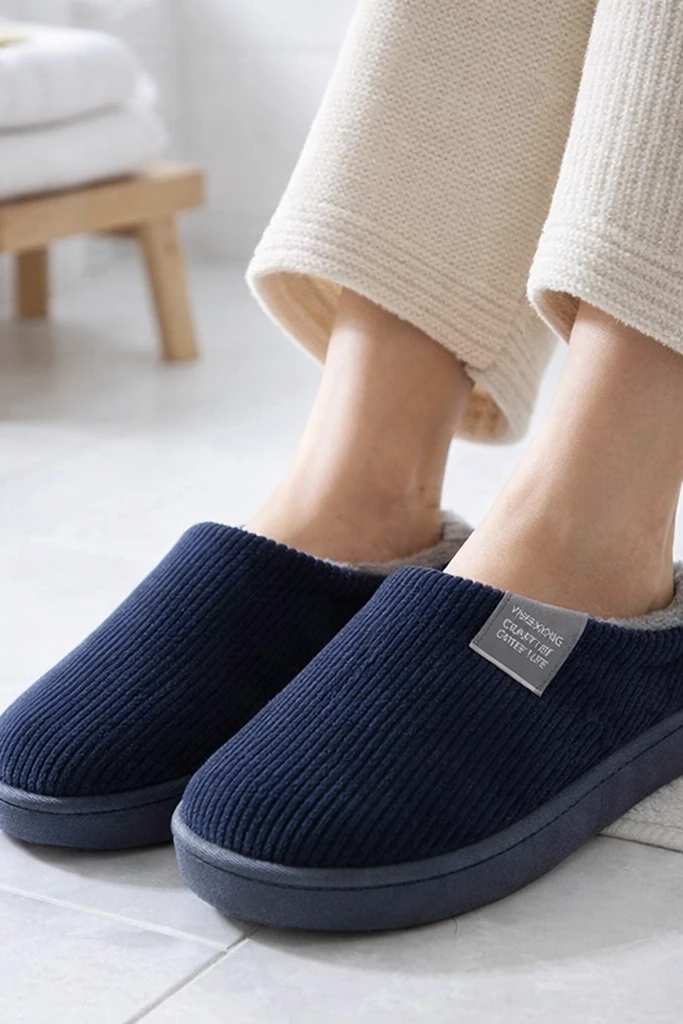 Navy blue slippers worn indoors on a light wooden floor.
