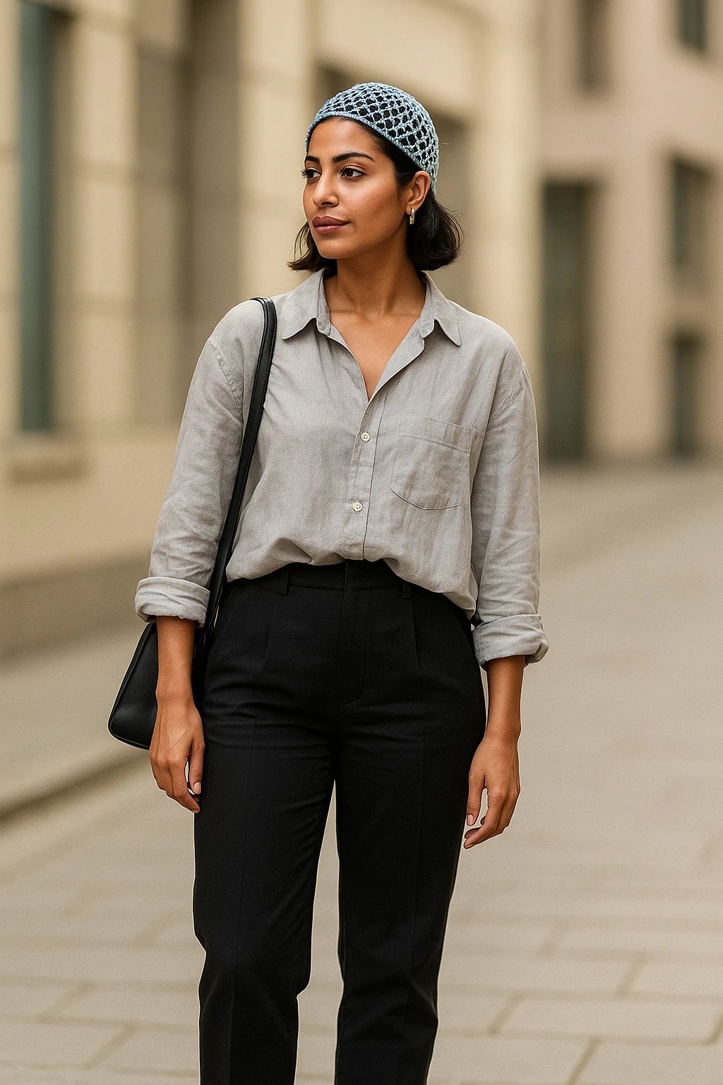 Woman wearing a light gray shirt and black pants with a blue patterned headscarf, standing on a street.