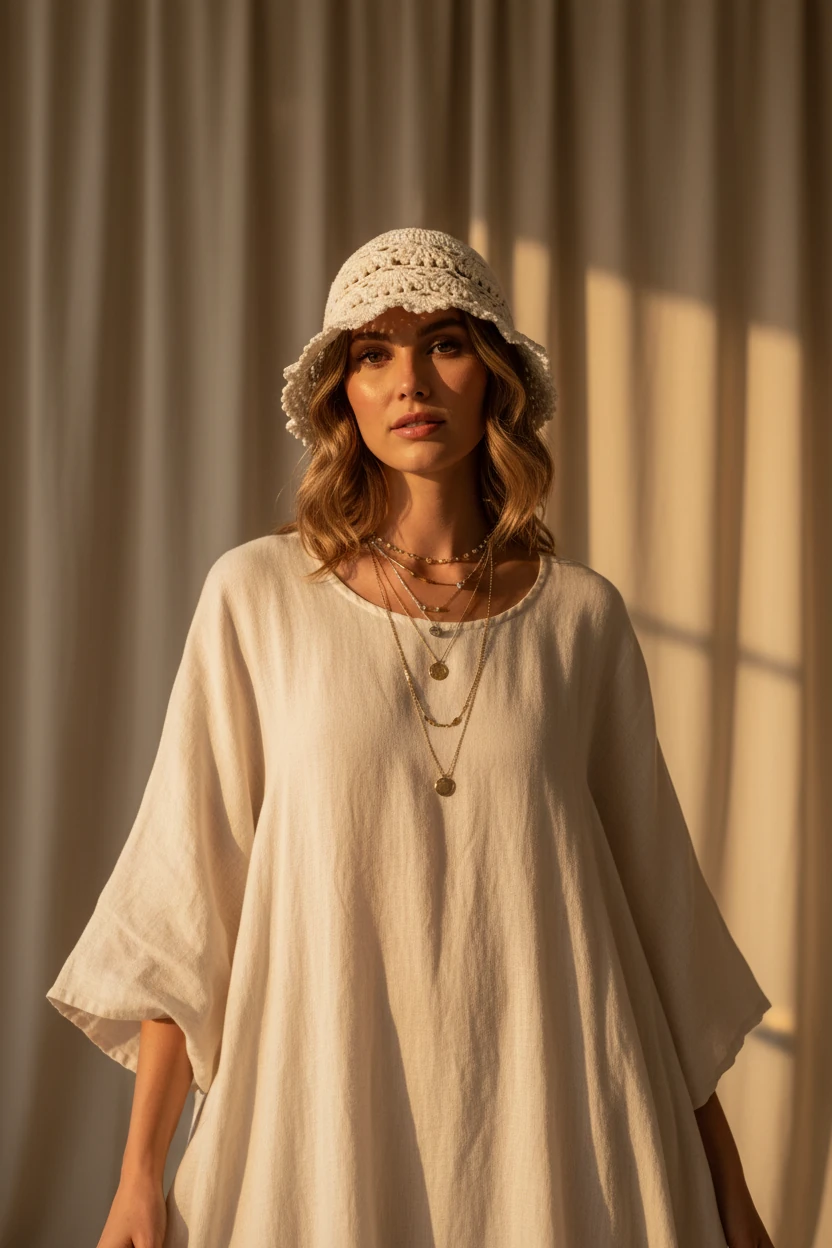 Woman wearing a white dress and hat against a beige curtain background