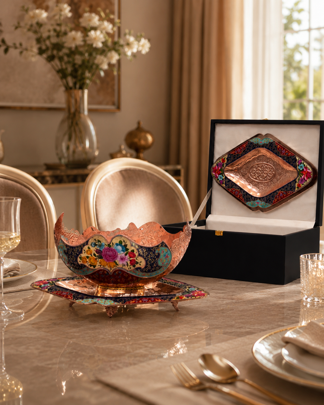 Decorative Copper Bowl and Footed Tray Set