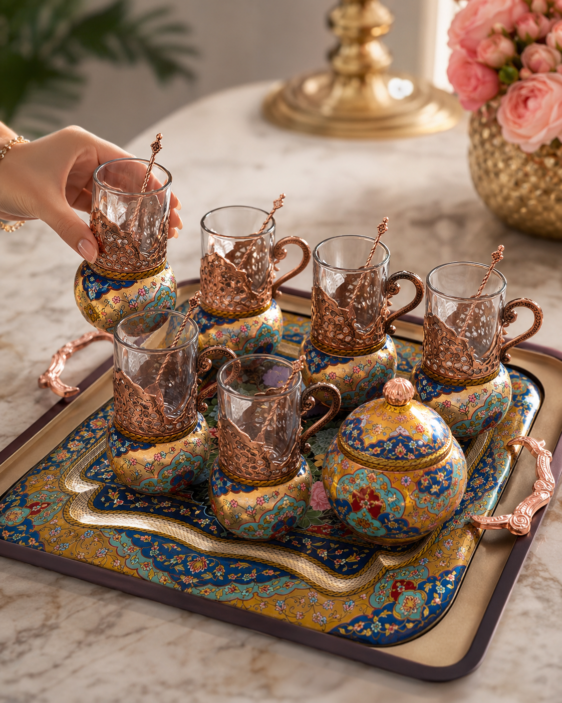Luxury Copper Tea Serving Set with Gold-Leaf Style Painted Details, 6 Glass Cups, Serving Tray, and Sugar Bowl