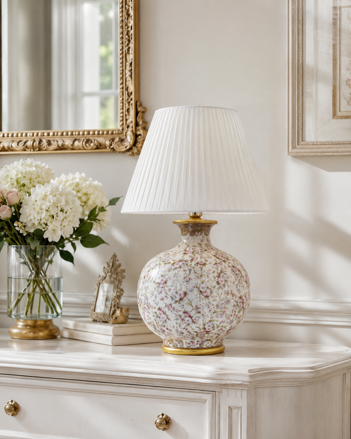 Blue Floral Porcelain Table Lamp with Satin Shade