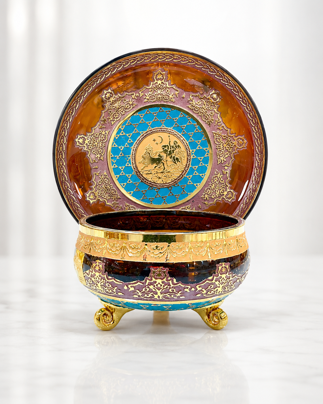 Amber Crystal-Style Bowl & Dessert Plate Set with Gold-Tone Jupiter Pattern