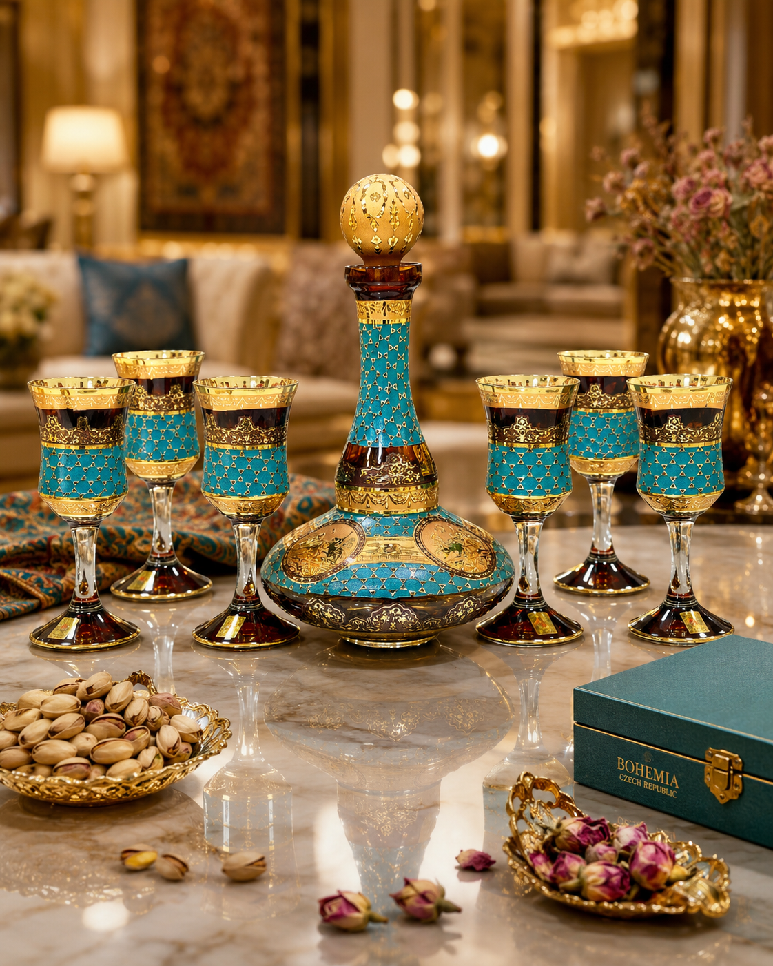 Amber Crystal Decanter & 6 Goblet Set with Gold-Tone Design