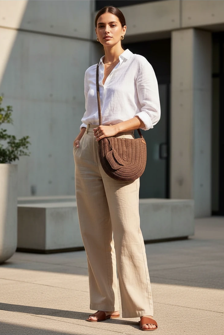 Woman in white shirt and beige pants with a brown bag standing outdoors.