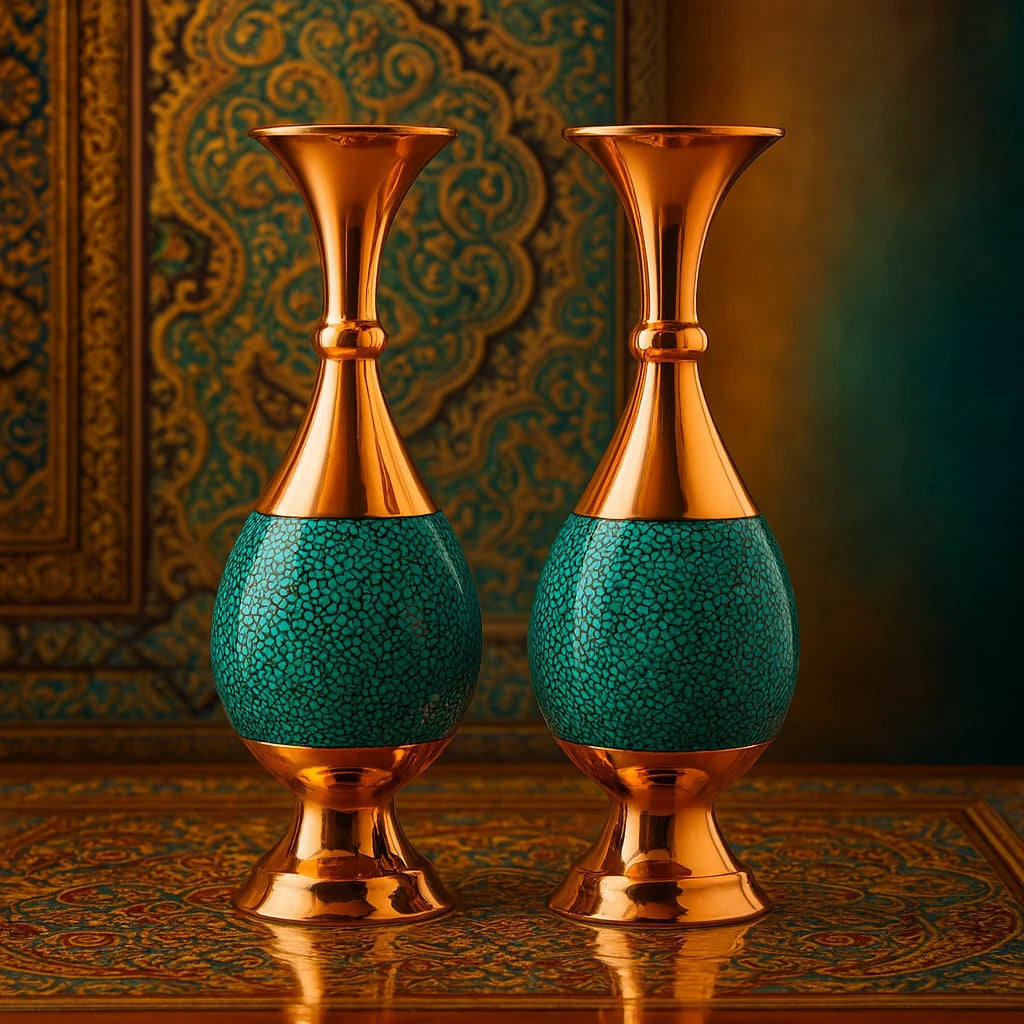 Two decorative vases with gold and teal design on a patterned surface.