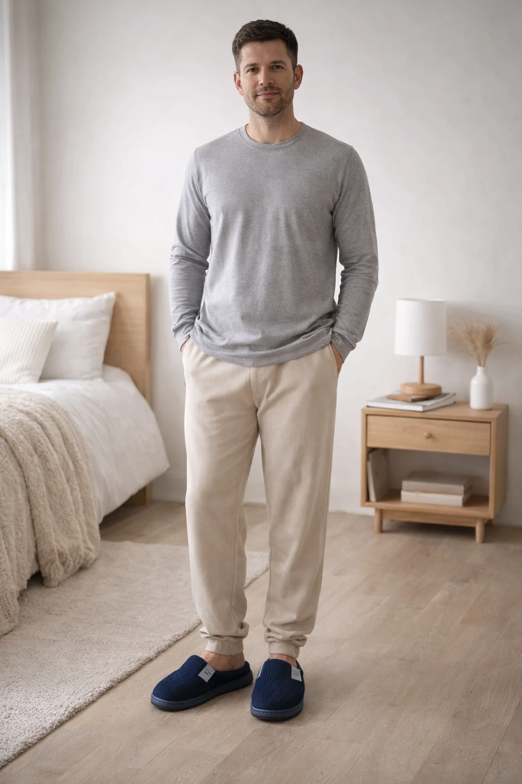Man wearing a gray sweater and beige pants standing in a bedroom.