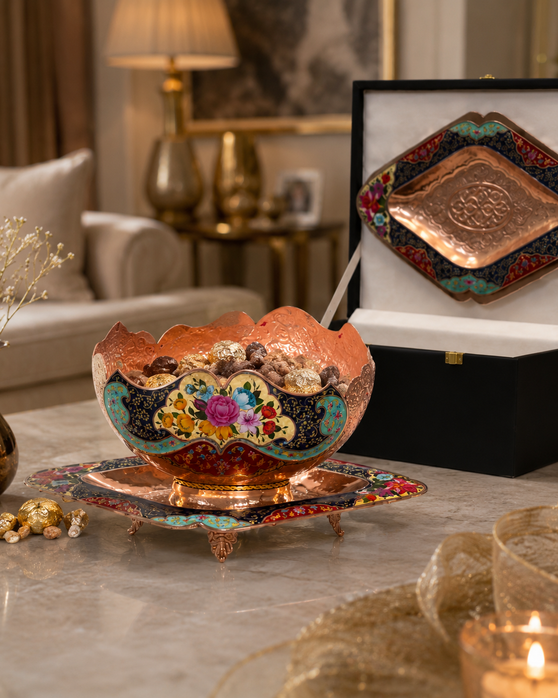Decorative Copper Bowl and Footed Tray Set