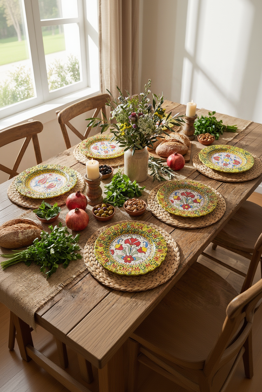 Decorative plates with floral patterns on a wooden table with bread, pomegranates, and herbs.
