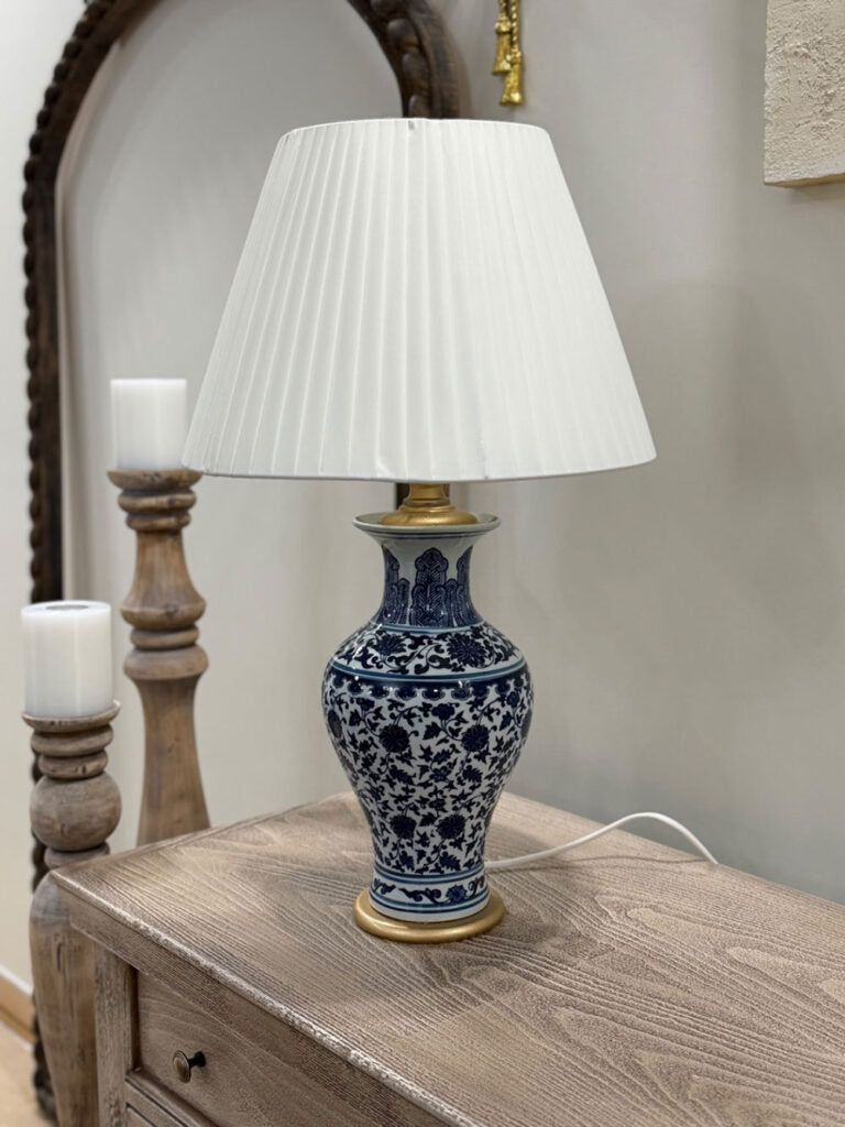 Blue Floral Porcelain Table Lamp with Satin Shade