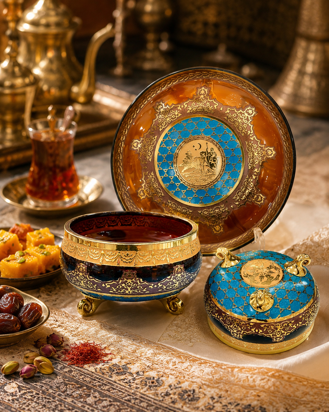 Amber Crystal-Style Bowl & Dessert Plate Set with Gold-Tone Jupiter Pattern