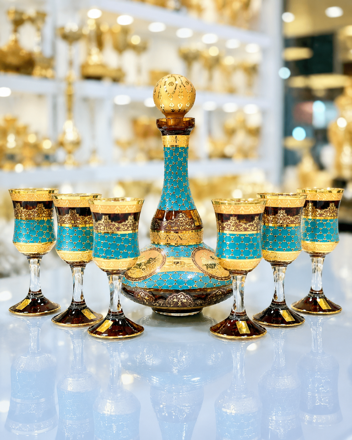 Amber Crystal Decanter & 6 Goblet Set with Gold-Tone Design