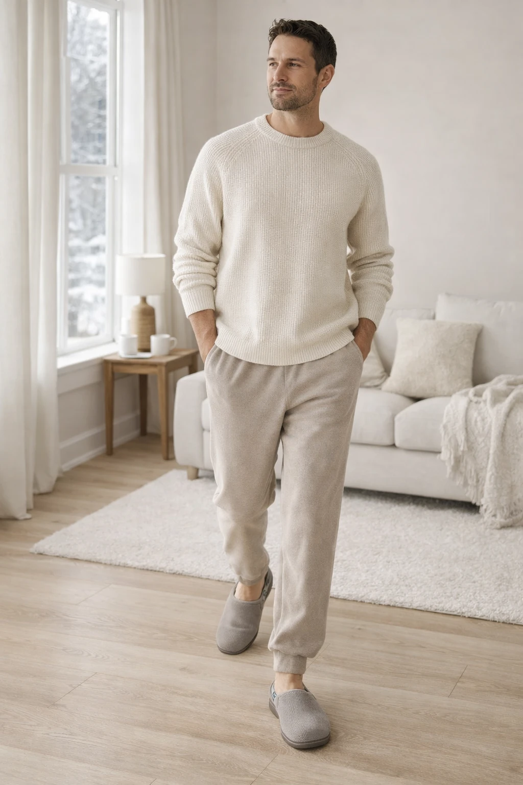 Man wearing a beige sweater and pants in a living room.
