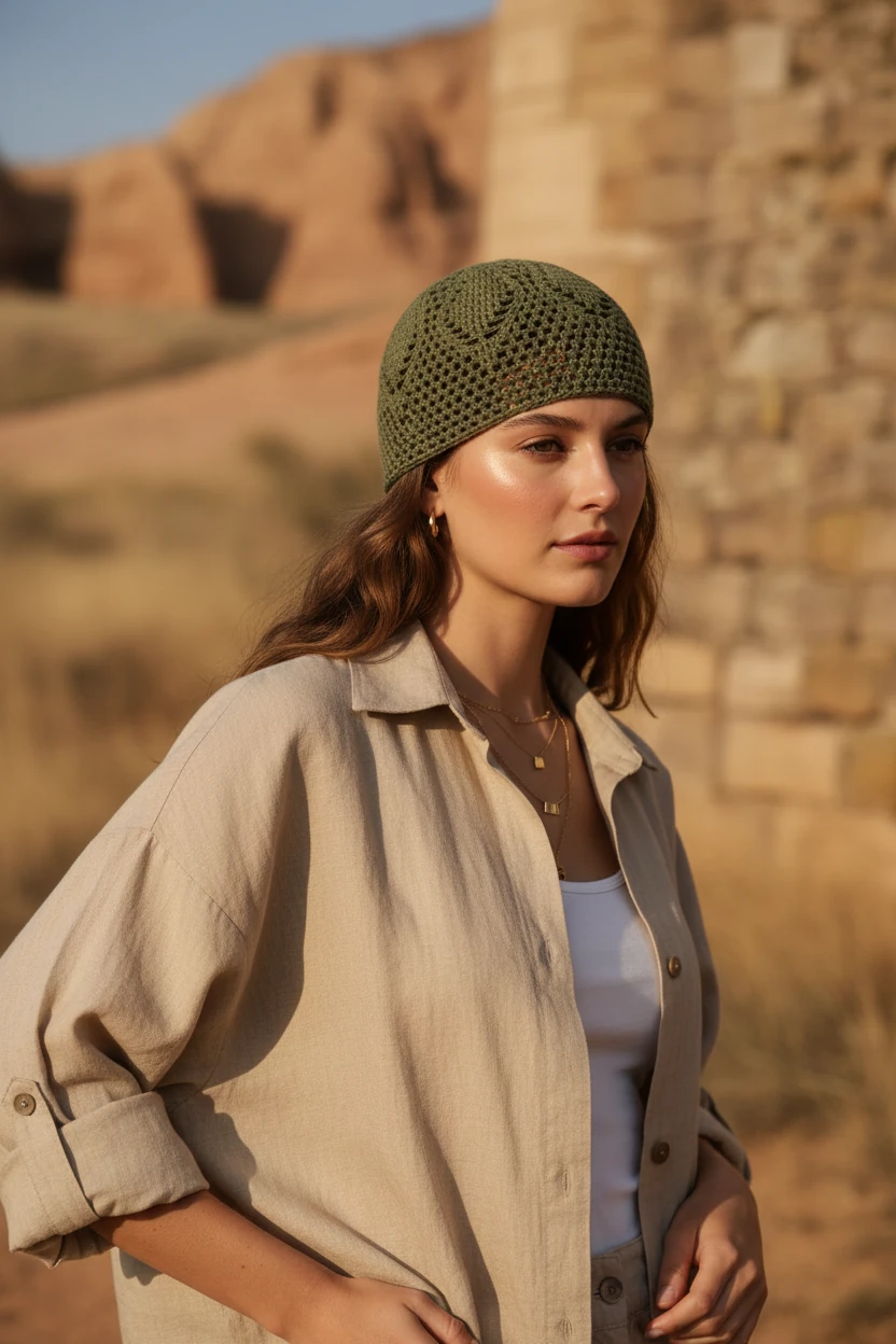 Woman wearing a green knitted beanie and beige jacket in a desert setting