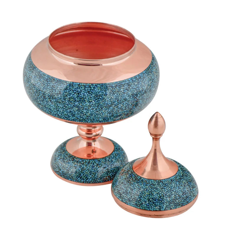Handcrafted Turquoise Inlaid Copper Dish & Vase Set (Firoozeh Koobi)
