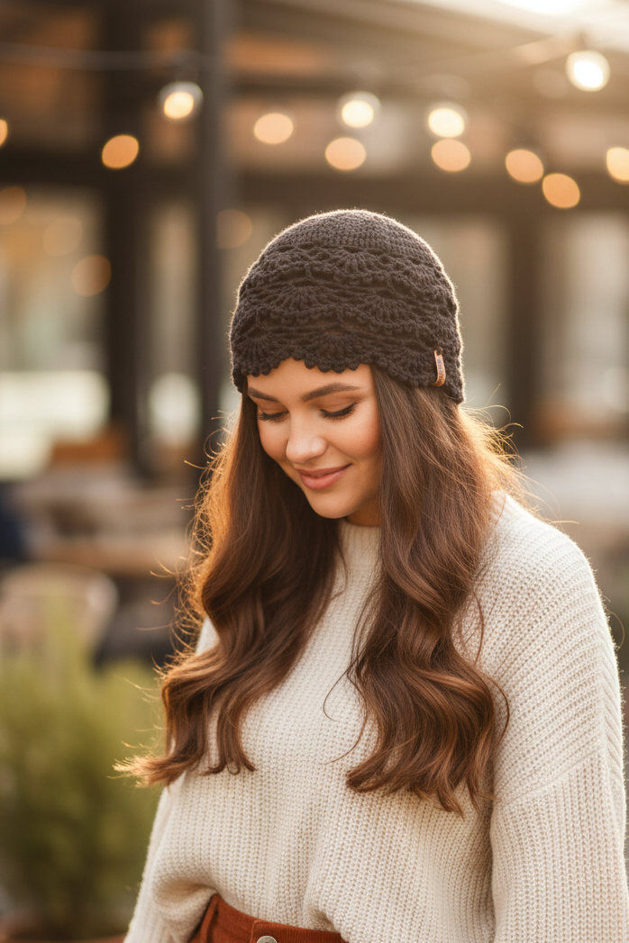 Woman wearing a knitted hat and white sweater in an outdoor setting