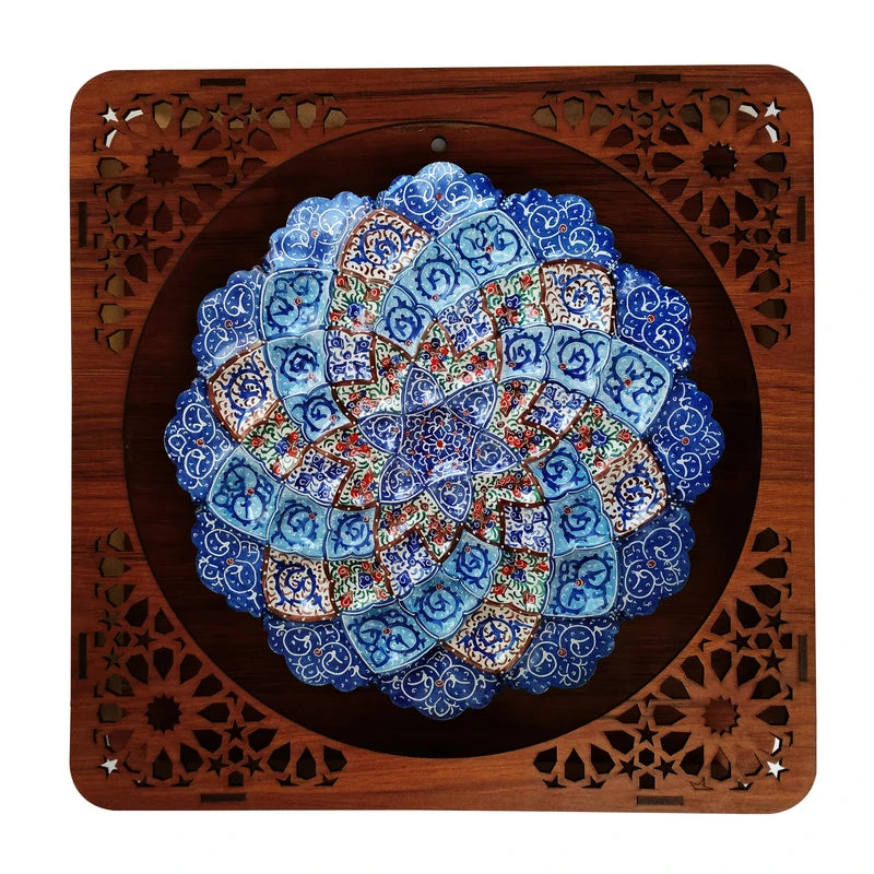 Hand Painted Persian Minakari Wall Plate - Framed Copper Art from Isfahan