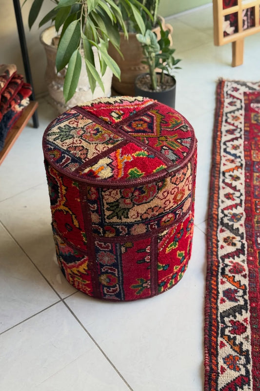 Crimson Weave Collection: Hand-Stitched Textile Poufs (Set of 3)