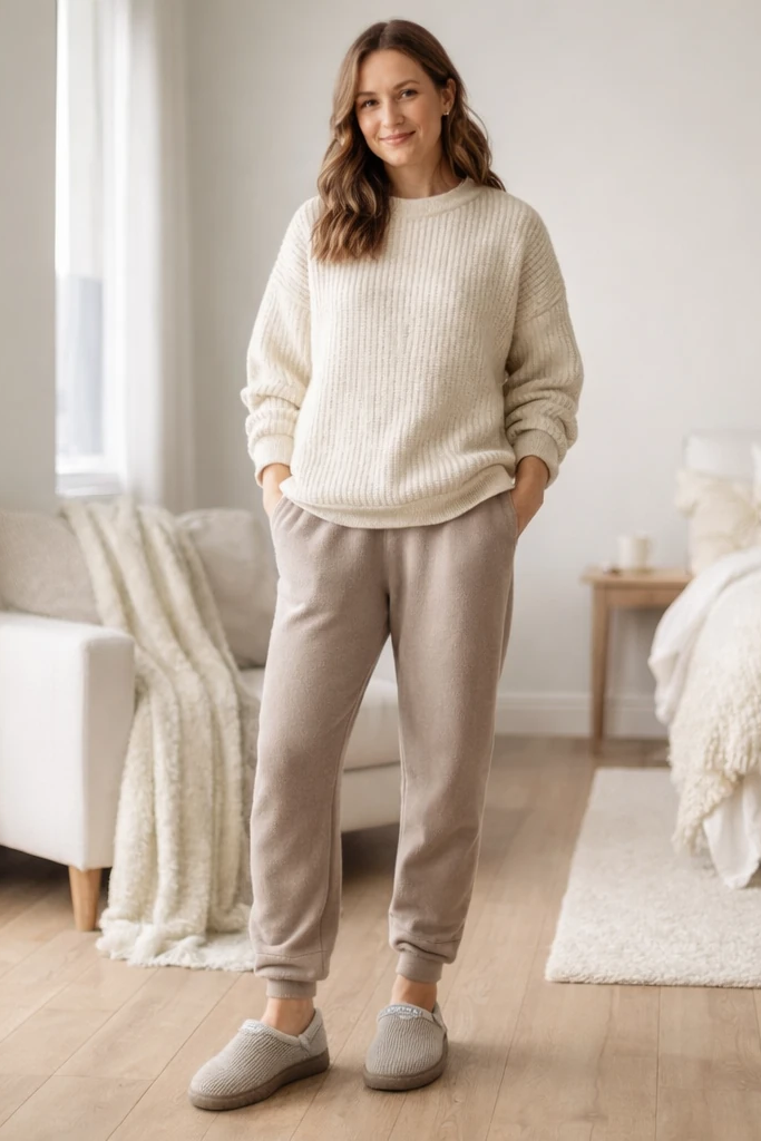 Woman wearing a beige sweater and pants in a cozy bedroom.