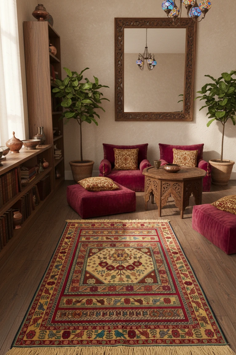 Living room with a patterned rug, red chairs, and decorative elements.