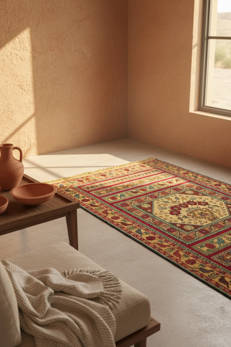 Decorative rug with geometric pattern in a room with a window and wooden furniture.