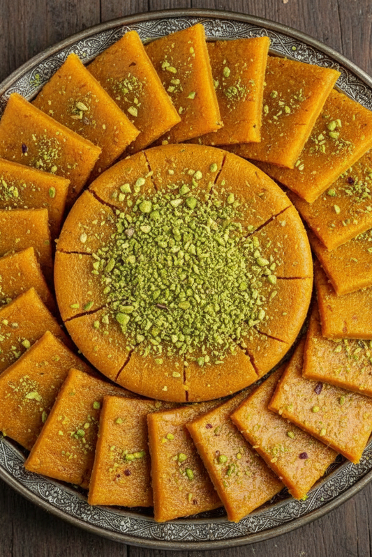 Circular arrangement of square cookies with a central round cookie on a wooden surface