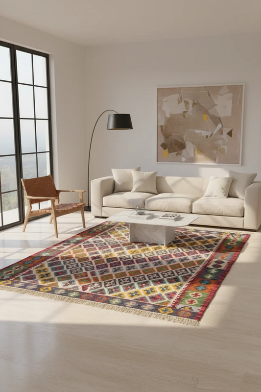 Living room with a colorful patterned rug, beige sofa, and abstract painting on the wall.
