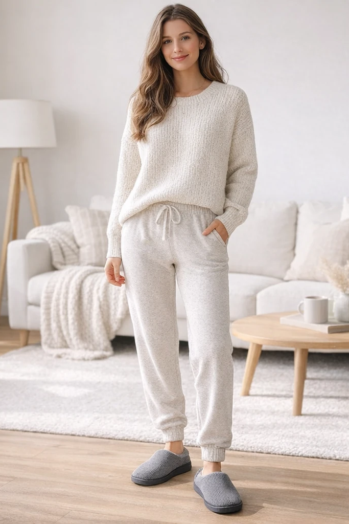 Woman in a cozy living room wearing a white outfit and gray slippers.