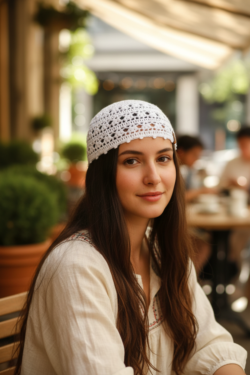 Woman wearing a white lace headscarf in an outdoor setting