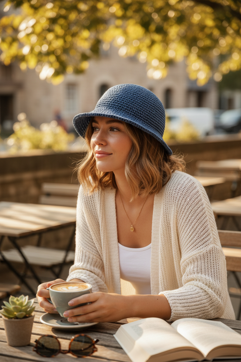 Woman sitting outdoors with a cup of coffee and a book, wearing a blue hat.
