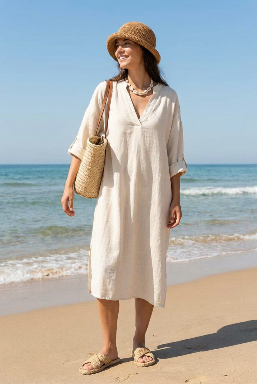 Woman in a white dress and straw hat standing on a beach.