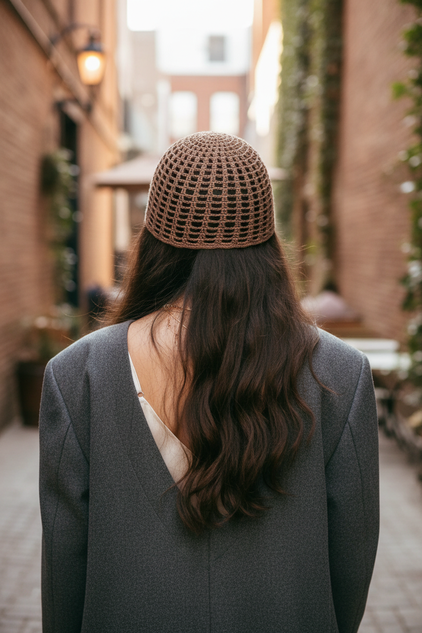Person wearing a textured brown hat and gray coat in an urban setting