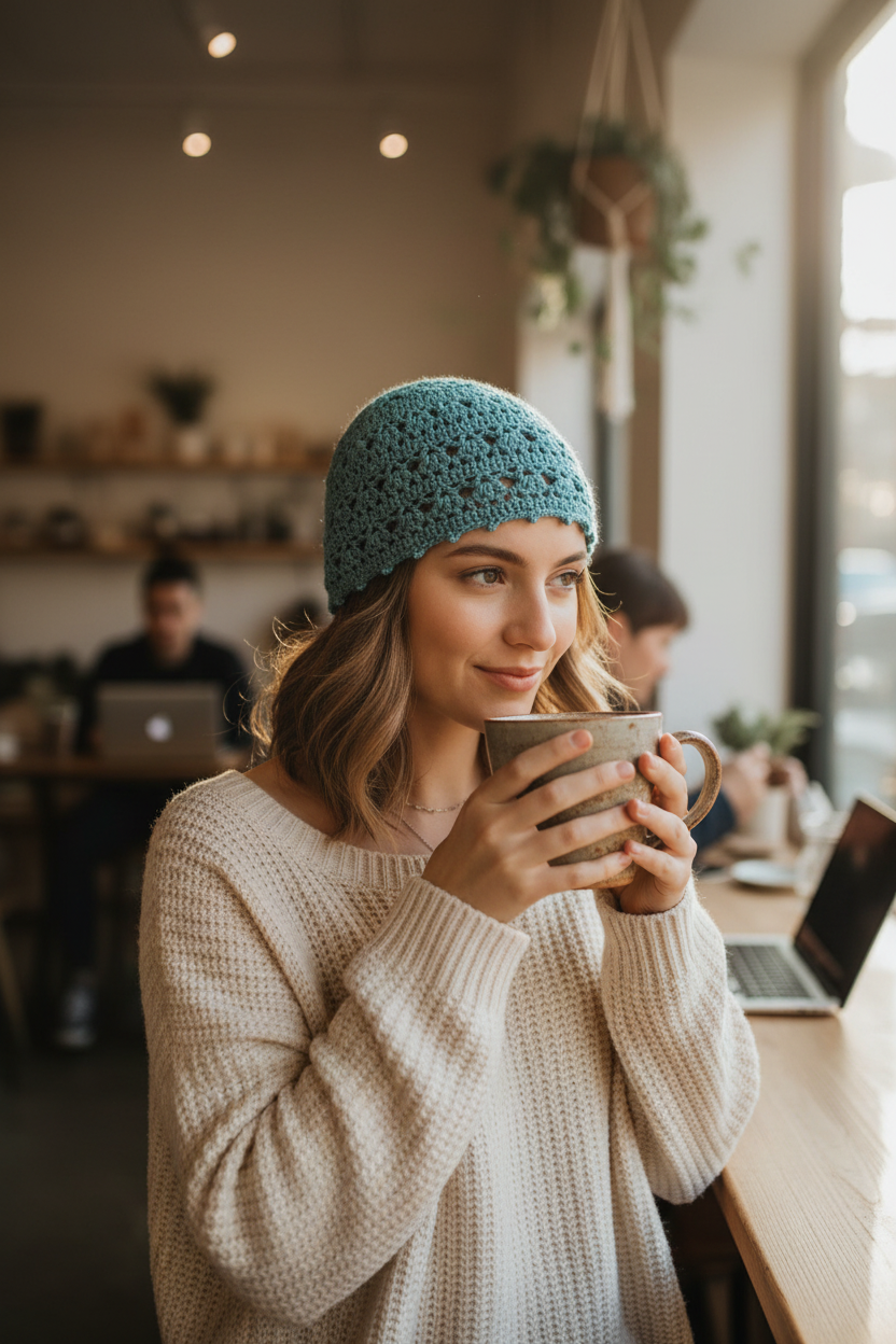 Woman in a cozy setting holding a mug, wearing a blue knitted headband.