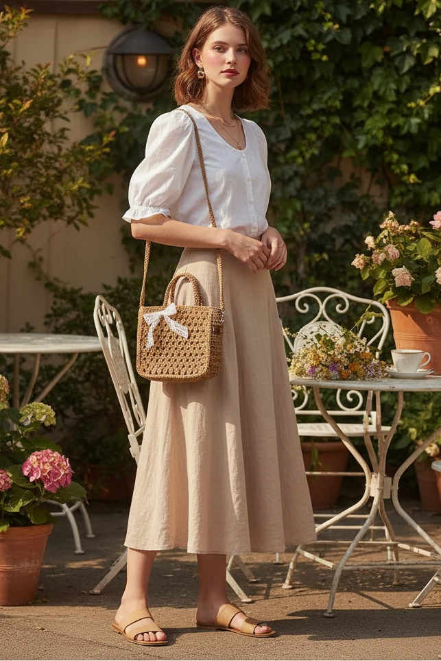 Woman in a white top and beige skirt standing in an outdoor setting with flowers and furniture.