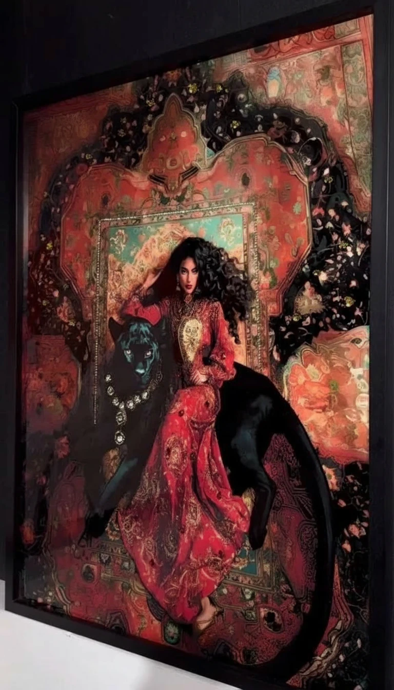 Framed artwork of a woman in a red dress with intricate patterns