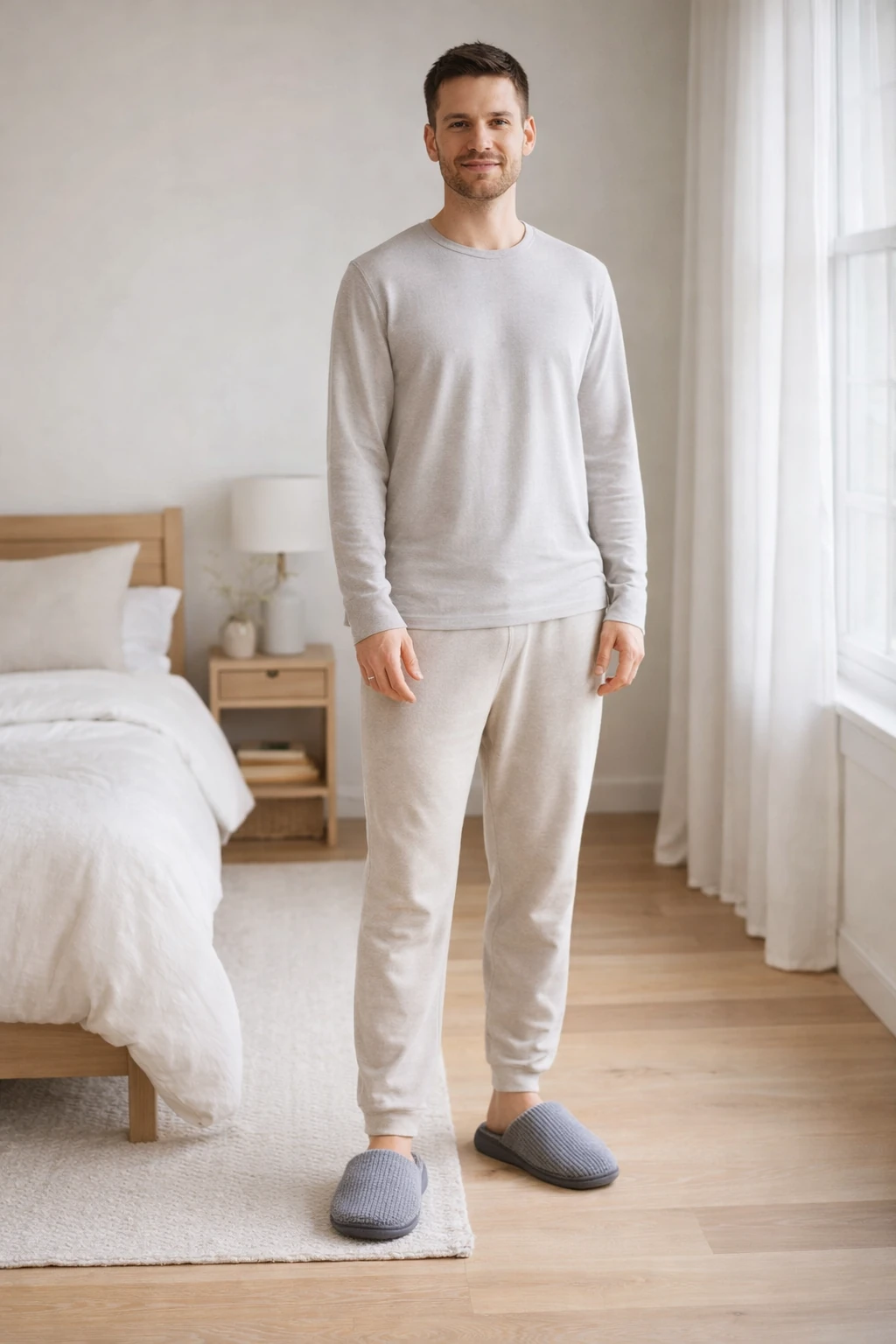 Man wearing a gray sweater and pants with blue slippers standing in a bedroom.