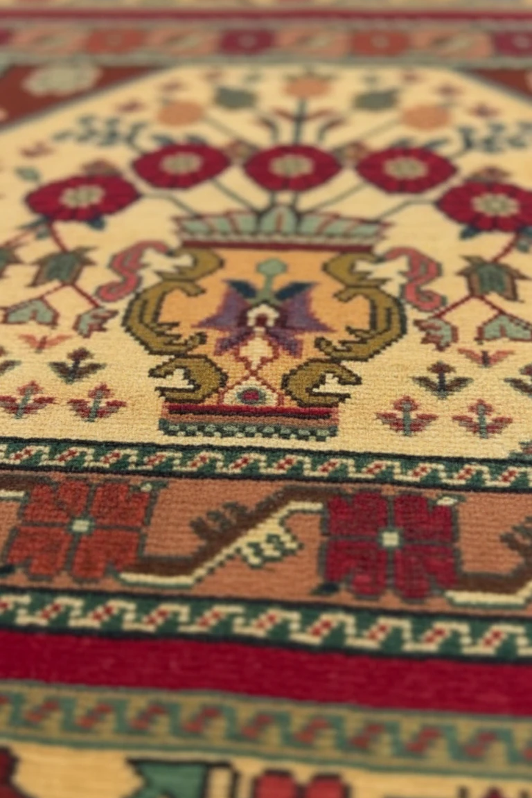 Close-up of a patterned rug with intricate designs and colors.