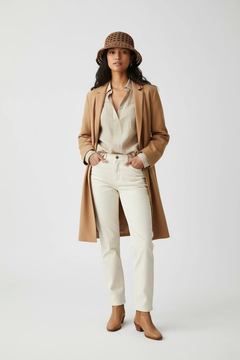 Woman wearing a tan coat, beige shirt, white pants, and brown hat on a white background