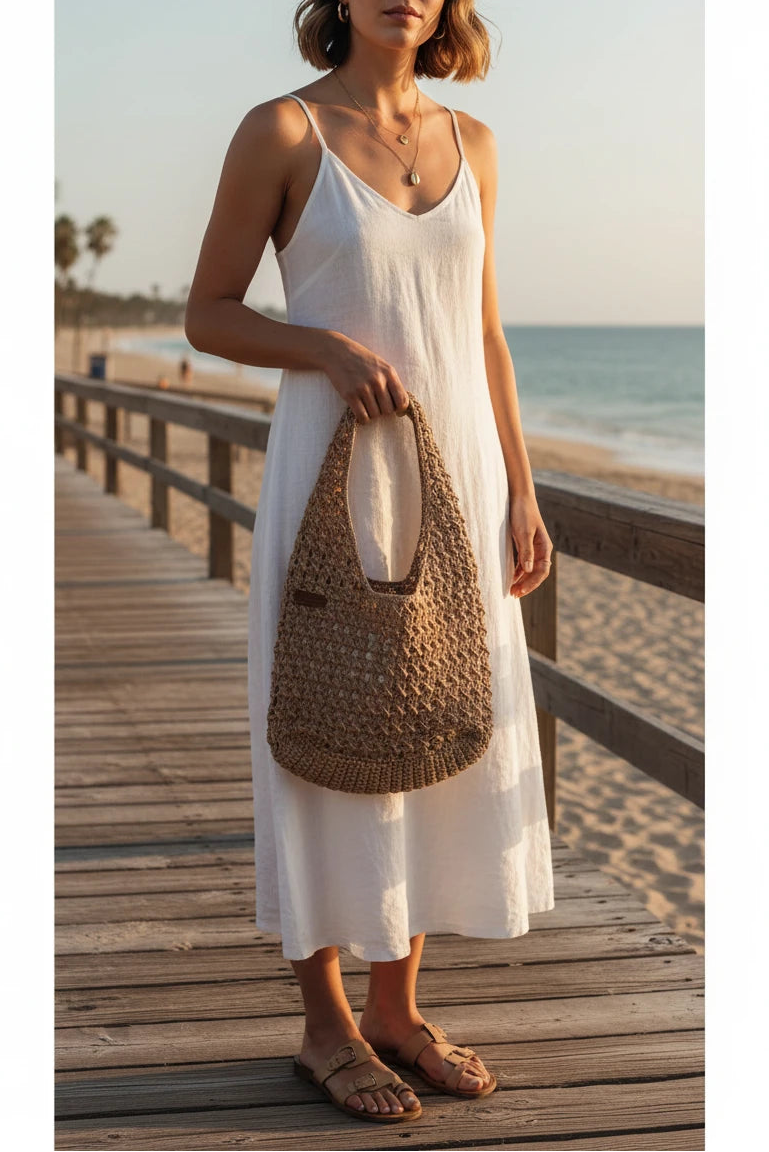 Woman in a white dress holding a woven bag on a wooden boardwalk by the beach.